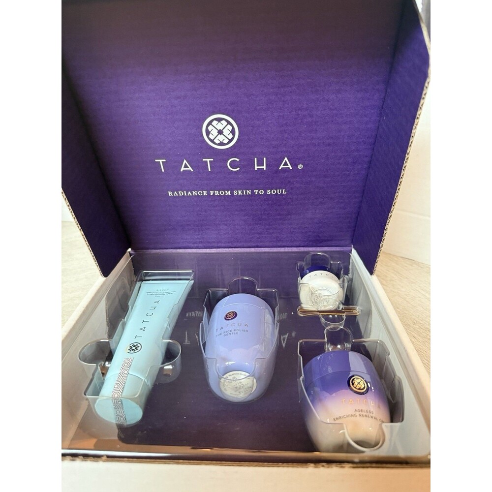 Tatcha 4 Pc Skincare Set Rice Polish Silk Sunscreen SPF 35 Eye Cream Renewal NIB